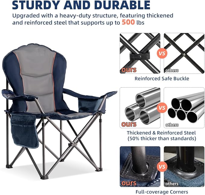 Foristrail Large Camping Chair with Side Table Heavy Duty 500LBS - Folding Outdoor Chair with Cooler Bag (Blue & Gray, 1 PCS)