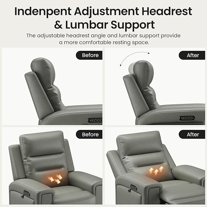 COLAMY Aura Triple Motors Power Recliner Chairs with USB and Type C Port, Home Theater Chair with LED Lights, Electric Wall Hugger Recliner for Living Room, Grey