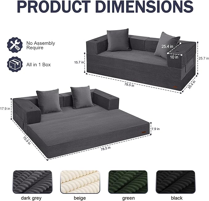 COMAX Futon Sofa Bed Queen, 79" Convertible Sofa Bed Couches for Living Room, 4 in 1 Folding Boneless Sleeper Corduroy Couch Loveseat Foam in a Box, Foldable Comfy Lounge Fold Out Floor Mattress Grey