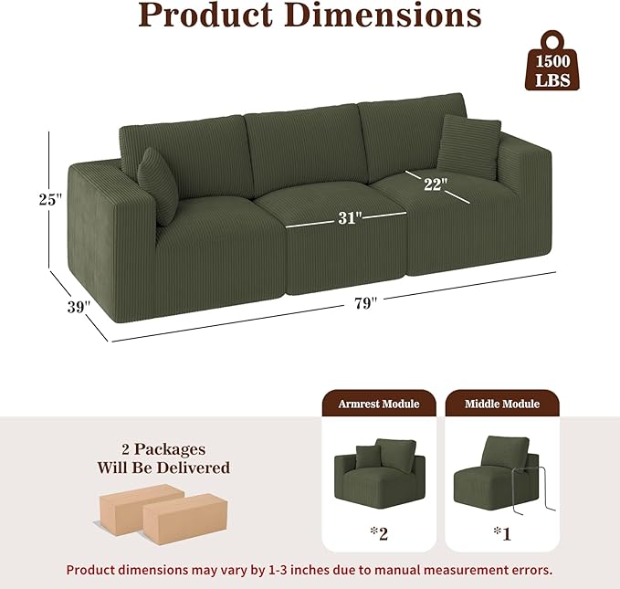 110" Modular Sectional Sofa, Cloud Couch Memory Foam 3-Seater Boneless Sofa, Cozy Upholstered Corduroy Frameless Couch, No Assembly Required Extra Wide Seating for Living Room & Apartment, Green