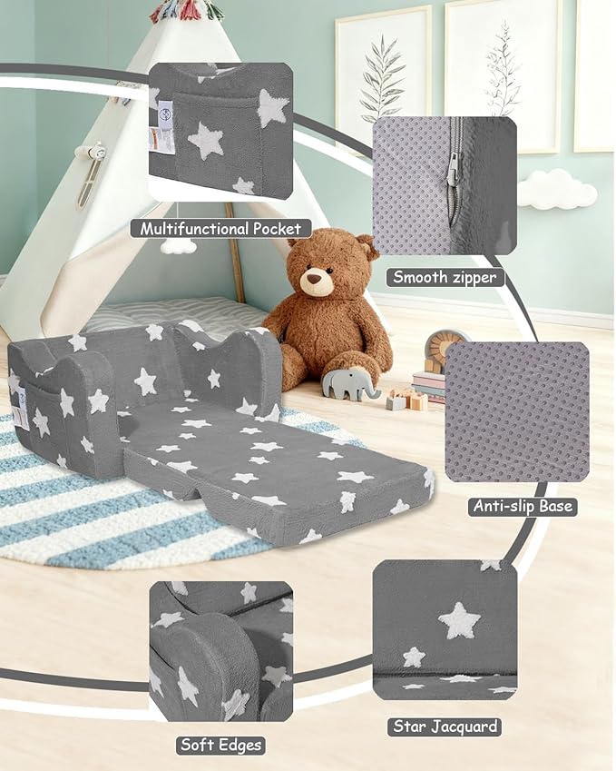 Toddler Couch, Kids Couch for Toddler Fold Out, 2-in-1 Convertible Kid Sofa to Lounger Bed for Girls and Boys, Ideal for Reading Sleeping Gaming Decor (Gray)