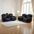 Caberryne Power Recliner Sofa Set with LED Lights,Leather Reclining Couch and Loveseat Set with USB Port/Coffee Table/Cup Holder,Living Room Set with 4 Recliner Seats for House(2 Piece Set,Black)