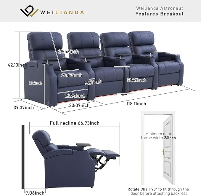 Weilianda Home Theater Seating, Top Grain Leather Sectional Seats Recliner Chair, Zero Gravity Reclining Sofa with Power Headrest 7 Colors Ambient Lighting USB C Charge Row of 4