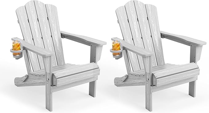 KINGYES Folding Adirondack Chair Set of 2, HDPE All-Weather Patio Chairs with Cup Holder, Wooden Textured Fire Pit Chairs for Poolside, Backyard, Deck, Silver Grey