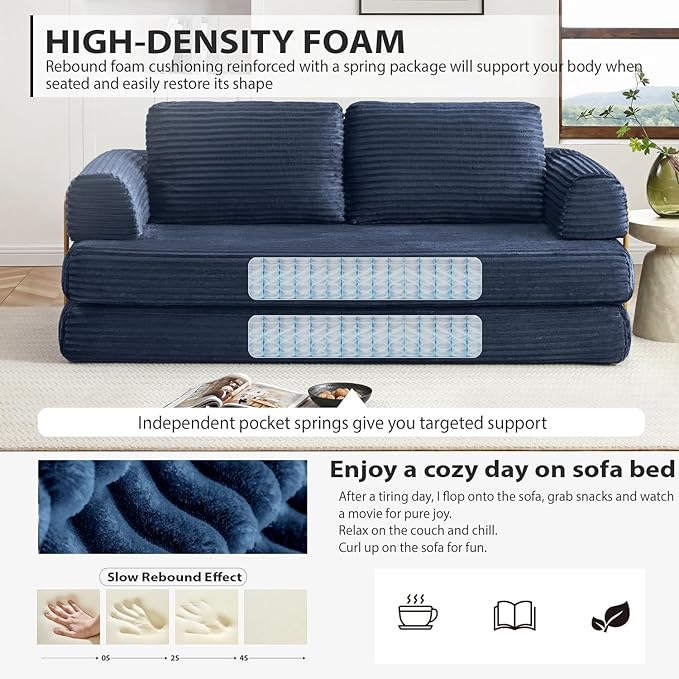 HANXIN 80 Inch Convertible Sleeper Sofa Bed, High Back Plush Corduroy Folding Floor Mattress Couch with Fixed-Shape Frame, Boneless Futon Loveseat with Pull Out Bed, No Assembly Required (Blue)