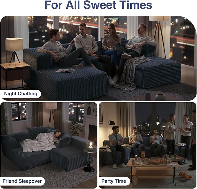Favoduerme 117” Modular Sectional Cloud Couch with L-Shape Chaise Lounge, Boneless Convertible Sofa for Living Room or Apartment, Plush Corduroy 4-Seater Couch, No Assembly Required, Dark Grey | Pet Friendly, Breathable Fabric