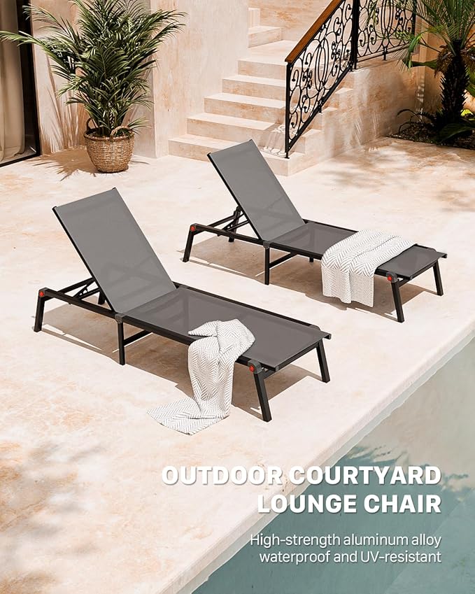 Aluminum Chaise Foldable Patio Lounge Chair Outdoor, Metal Deck Lounger Adjustable 5-Position Recliner Pool Chase Breathable Full Flat Outside Sun Tanning Chairs for Beach/Poolside/Lawn(Grey, 1 Pack)