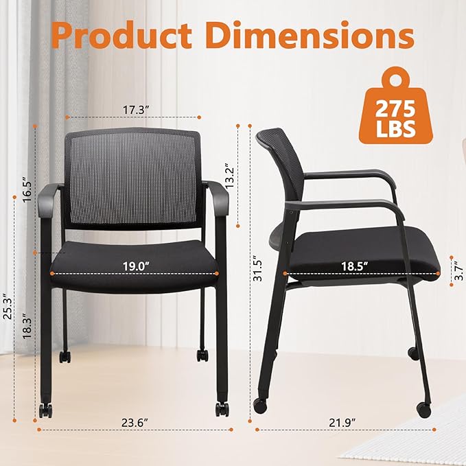 CLATINA Mesh Back Guest Reception Arm Chairs with Wheels, Waiting Room Chairs with Upholstered Fabric Seat and Ergonomic Lumbar Support for Office
