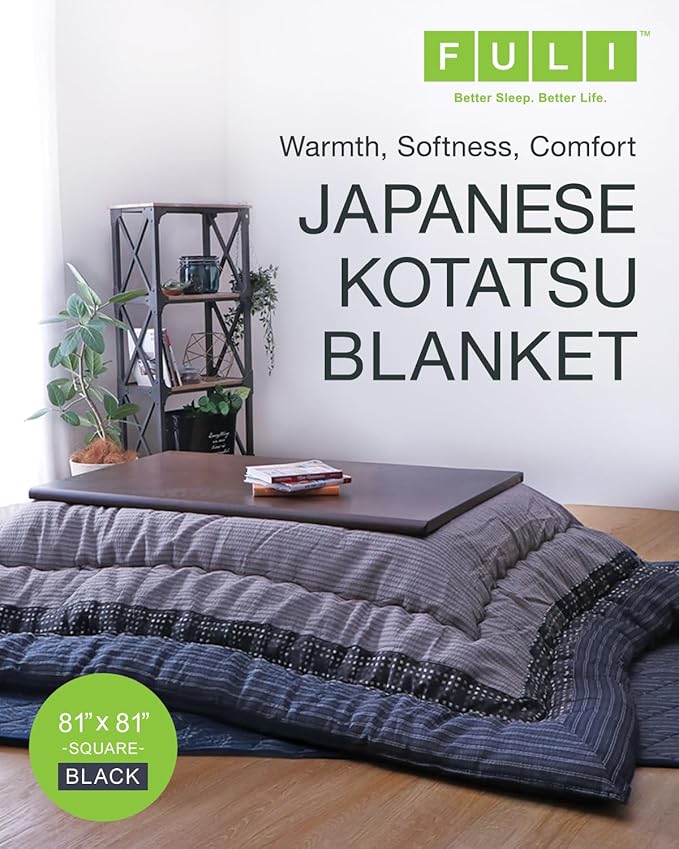 FULI Japanese Kotatsu Blanket, Warm Quilted Kotatsu Futon Comforter, 100% Cotton Top, Made in Japan, 81x81 in / 205x205 cm Square (Black)
