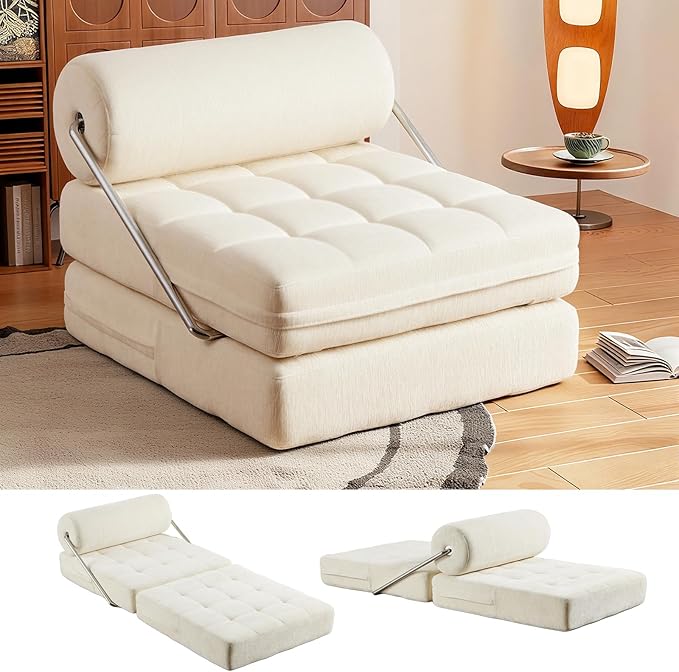 4-in-1 Folding Sofa Bed, Easy Assembly Chenille Boneless Couch, Convertible Sleeper Chair with Back Support, Small Floor Futon Sofa for Living Room & Bedroom, Single(Beige)