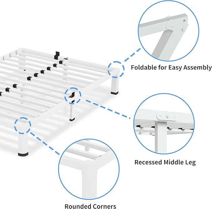 VIPSHOW 7 Inch White Queen Bed Frame, 3500Lbs Heavy Duty Metal Platform with Round Corner Legs Mattress Slide Stopper, Steel Slat Support No Box Spring Needed, Noise Free, Non-Slip, Easy Assembly