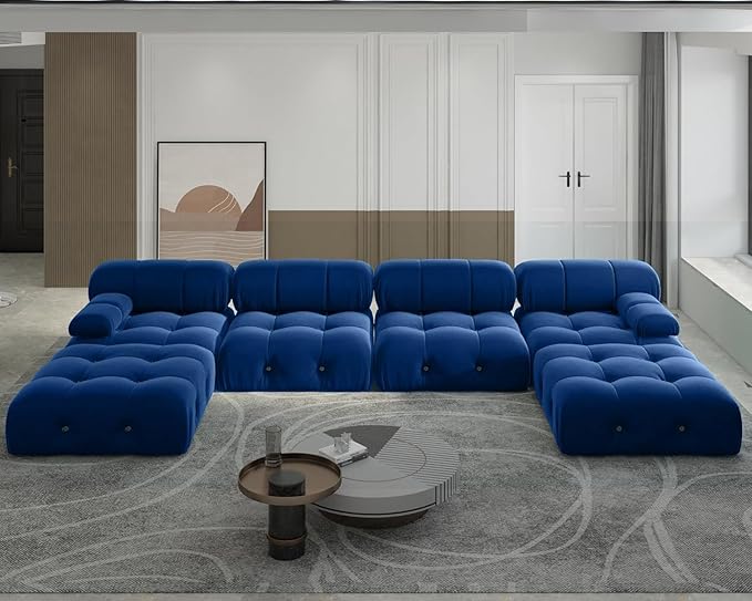 JACH 138" Modular Sectional Couches, U Shaped Minimalist Velvet Sofas, Convertible Sectional Sofa, Modern Comfy Couch with Chaise Ottomans for Living Room Apartment, (Blue)