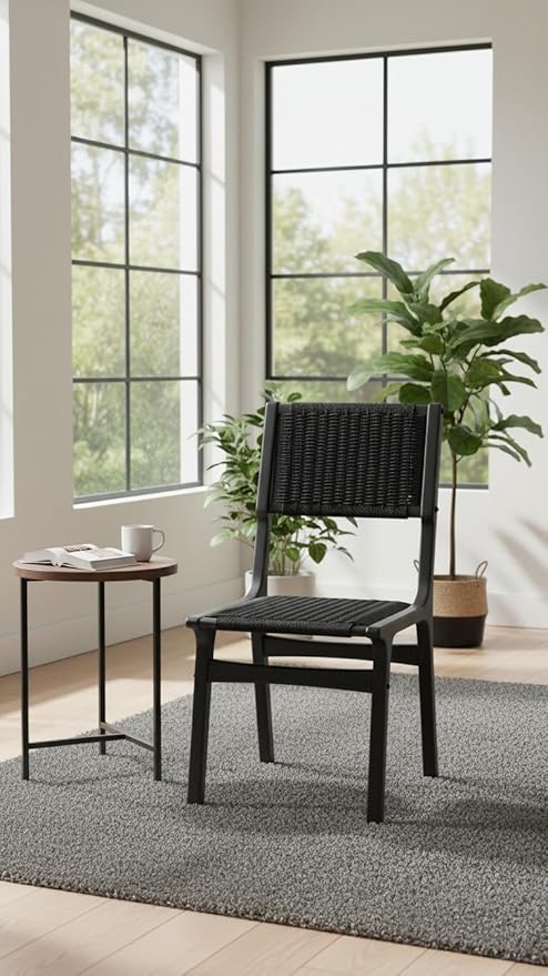 Modern Woven Dining Chair, Black Wood Frame, Armless Accent Chair with Comfortable Seat & Back, No Assembly Required, for Dining Room, Kitchen, Breakfast Nook, 20 x 18 x 35 Inches