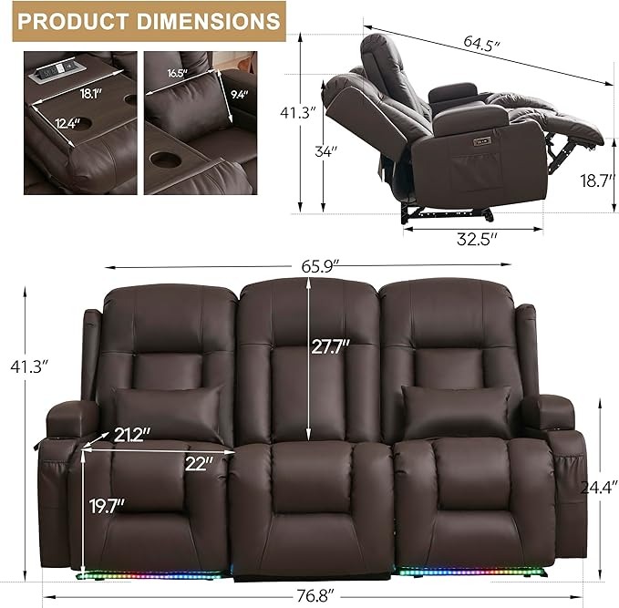 URRED Loveseat Recliner Sofa with Massage and Heat, Flip Middle Backrest Design 3 Seat Power Reclining RV Sofa Couch, Home Theater Seating with LED Lights, USB Ports, Outlets, Faux Leather, Dark Brown