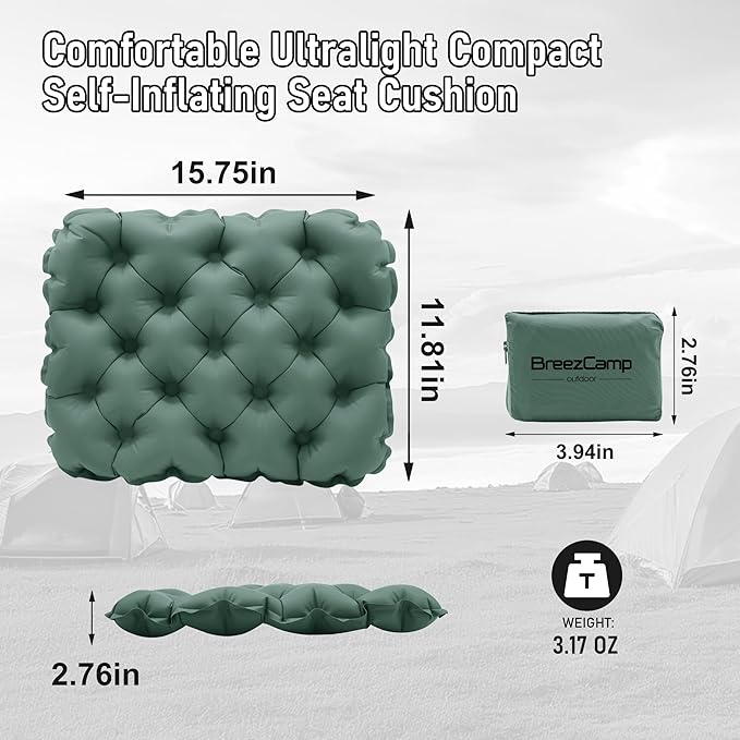 BreezCamp Inflatable Seat Cushion, Lightweight Stadium Seat Pad, Camping Accessories Chair Pad for Airplane Travel, Hiking, Climbing, Home and Office,Olive Green