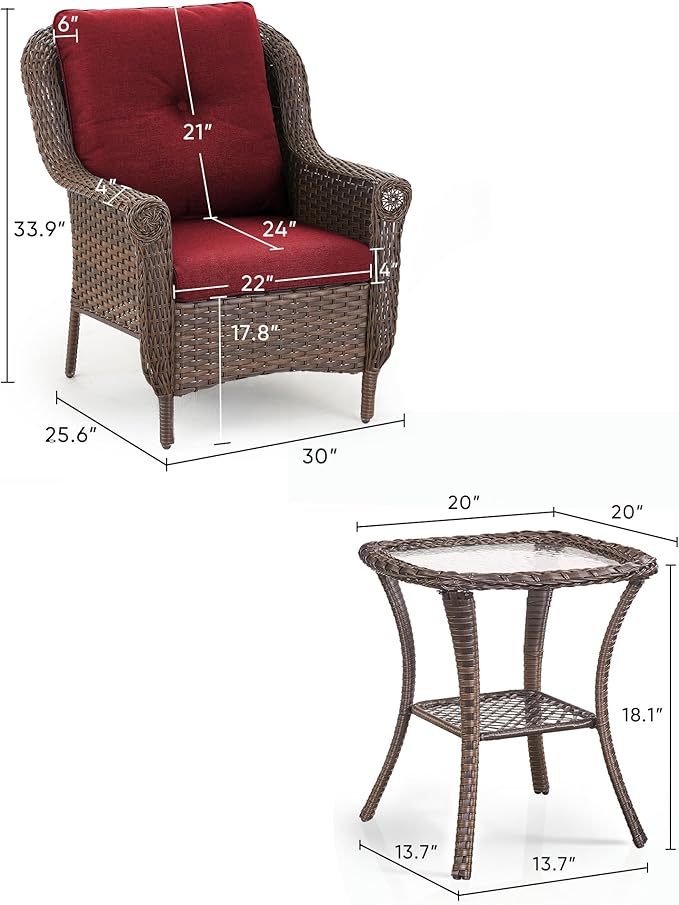 ACTREST 3 Piece Patio Brown Wicker Chairs with Side Table - Outdoor High Back Heavy Duty All-Weather Lawn Dining Rattan Chair Conversation Bistro Set for Deck Porch Balcony Backyard Garden - Red