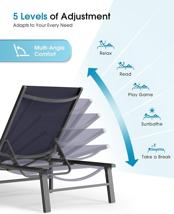 Ciokea Aluminum Outdoor Lounge Chair Set of 2- No Assembly Needed, Foldable Patio Chaise Lounge with 5 Adjustable Positions, Reinforced Frame for Extra Durability, Pool Beach Lounge Chair,Navy Blue