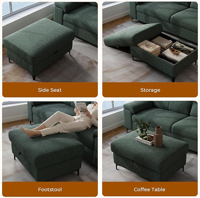 Upvilla 35" Large Storage Ottoman for Living Room, 7.8" Deep Seat Rectangular Ottoman Foot Rest for Couch, Chenille Storage Footstool Load 350 lb （Green）