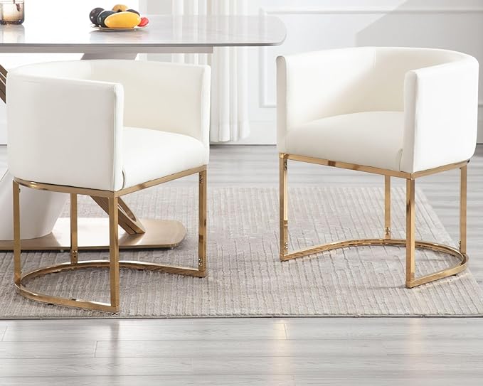 VESCASA Faux Leather Upholstered Dining Chairs with Barrel Back, Modern Padded Restaurant Chairs with Gold Metal Frame for Kitchen, Dining Room, Set of 3, White