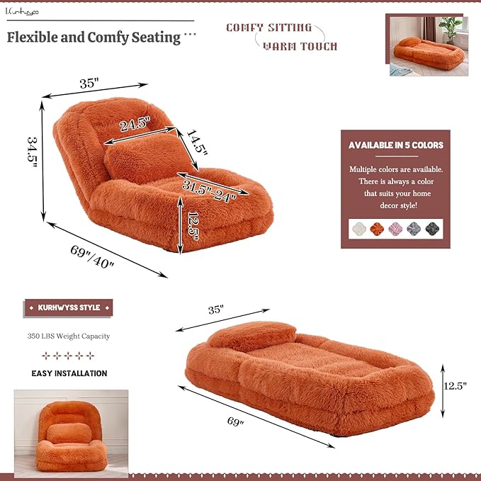 Upholstered Human Dog Bed for Adult & Pets, Convertible Lazy Sofa Bed with 5 Adjustable Position, Comfy Tatami Bean Bag Lounge Chair with 2 Soft Pillows for Bedroom Living Room (Orange Fluffy)