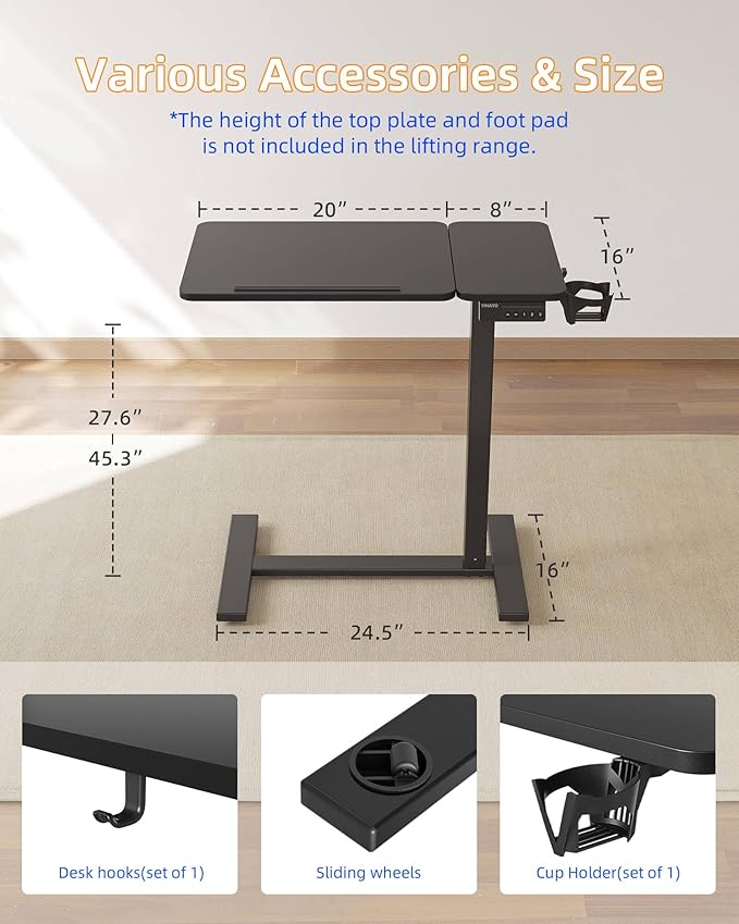 YIHAYO Adjustable Overbed Bedside Table with Wheels, 28 x 16 Inches Electric Mobile Standing Desk, Laptop Desk, Movable Overbed Tables Hospital Home Use, Black
