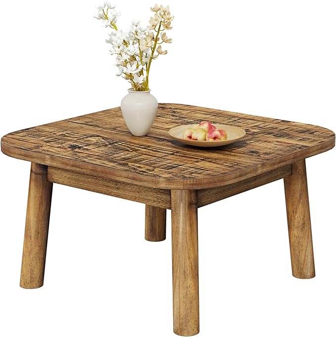 TRIBEWOOD Solid Wood Square Coffee Table, 31.5-Inch Farmhouse Center Table with Rounded Corners, for Living Room, Office, Apartment, Small Places, Easy Assembly, Rustic Brown