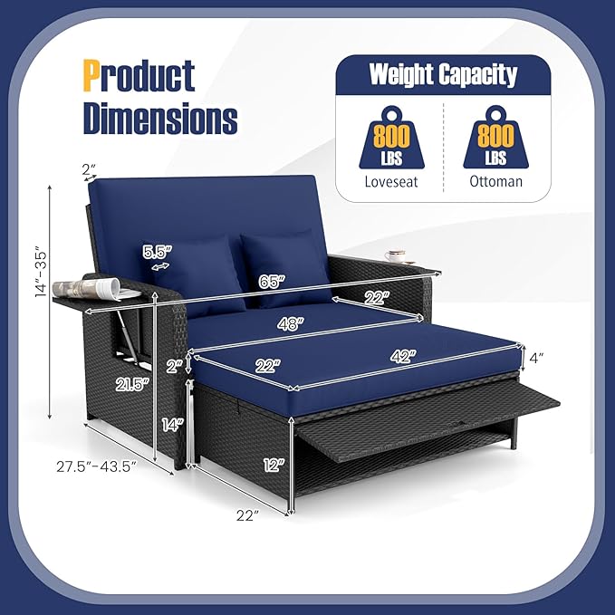 RELAX4LIFE Wicker Patio Outdoor Daybed - Rattan Day Bed Lounger w/Loveseat & Storage Ottoman, Sunbed Sofa Set w/Cushions, 4-Level Adjustable Backrest & 2 Retractable Trays, Patio Daybed (Navy-Black)
