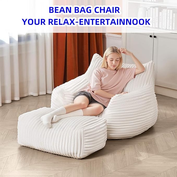 Bean Bag Chair for Adults with Armrest - Ultra Plush Memory Foam Lounge Sofa & Oversized Comfy Chair for Bedroom, Living Room & Dorm (Beige, with Pedals)