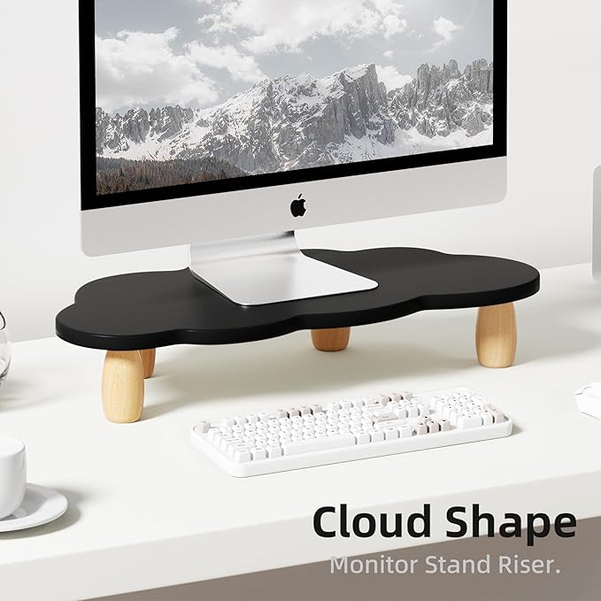 AFOOYO Cloud-Shaped Sturdy Wood Monitor Stand Riser, Multi-Purpose Desktop Organizer for Computer, Laptop, Printer, TV - Black