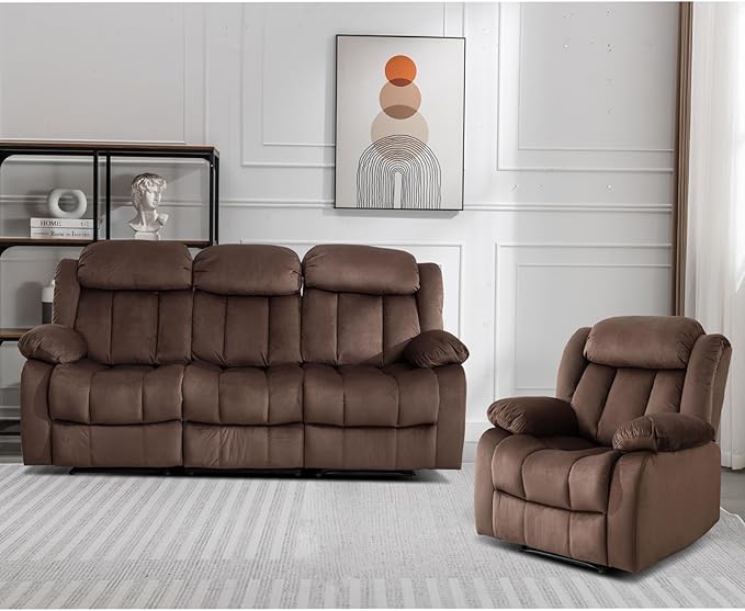 EBELLO Manual Recliner Sofa Set, Classic Reclining Couch Furniture Set for Living Room, Includes 1 Recliner Chair, 1 Loveseat Sofa and 1 3-Seater Couch, Brown
