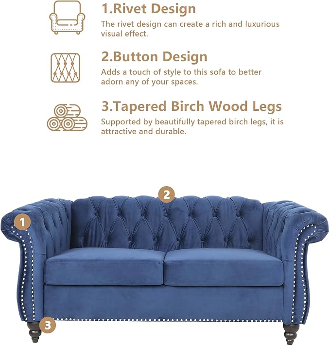 QHITTY Accent Sofa, Chesterfield Loveseat Modern Velvet Couch Upholstered Sofa with Tufted Back for Living Room Furniture (Blue)