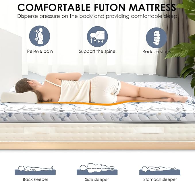 Japanese Floor Mattress, 3.5" Thicken Ink Wash Floral Pattern Portable Futon Mattress, 100% High-Density Foam Tatami Mat Sleeping Pad for Camping Guest Room Dormitory RV, White, Twin