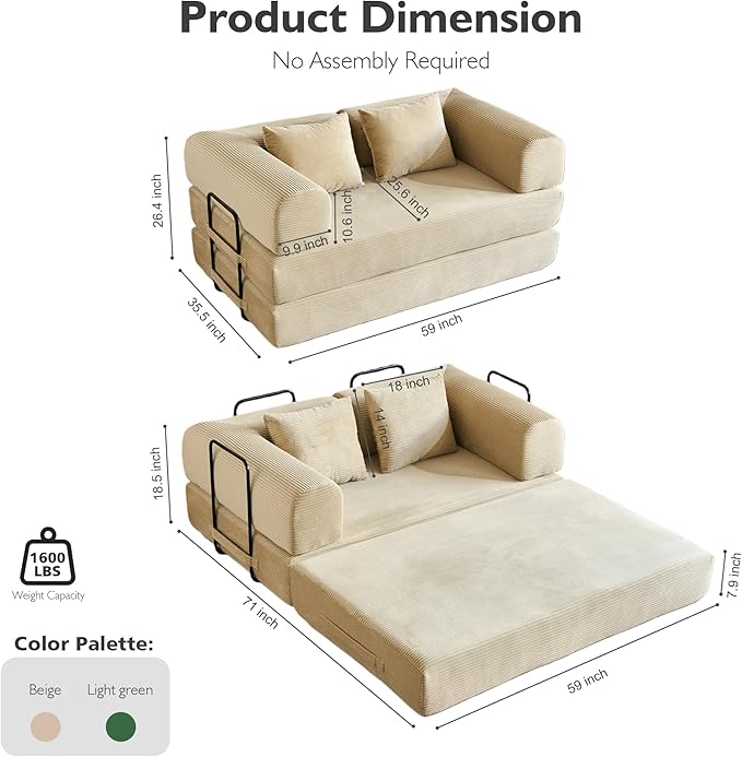 59 Inch 5-in-1 Convertible Sofa Bed, Corduroy Boneless Floor Couch with Fixed Frame & Pillow, Modular Folding Mattress Lounger for Small Space, Living Room, Bedroom - Easy Assembly(Beige)