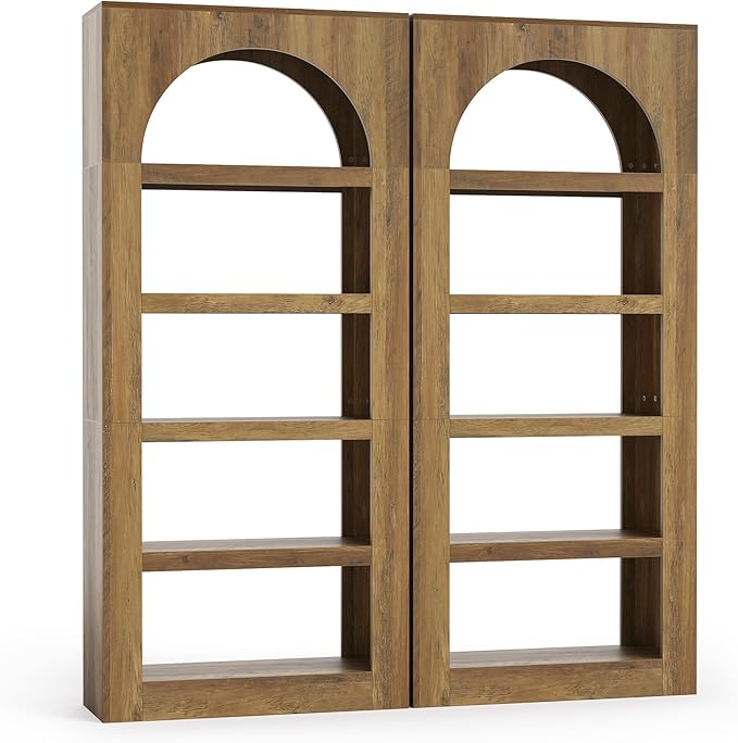 LITTLE TREE 5-Tier Arched Bookshelf Set of 2, Modern 70.8 Inches Tall Wooden Bookcase, Open Display Storage Shelf Organizer for Living Room, Home Office, Bedroom, Light Brown