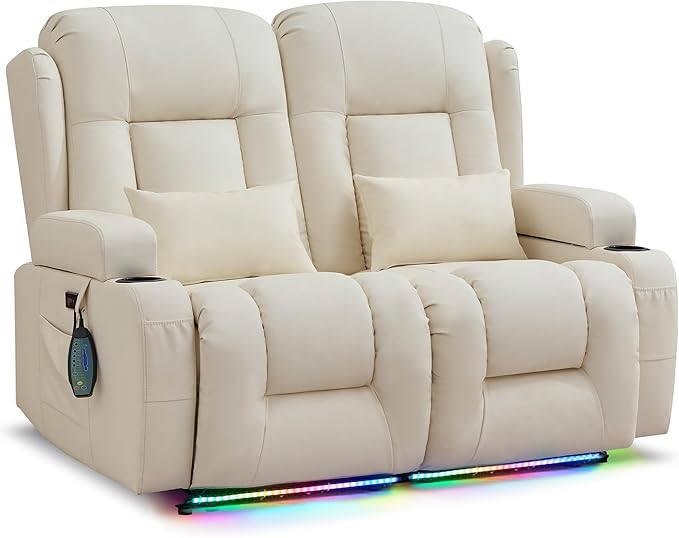 URRED Loveseat Recliner Sofa with Massage and Heat, Power Reclining Loveseat Sofa RV Couch Home Theater Seating with LED Lights, Cup Holders, Side Pockets, USB, Pillows, Faux Leather, Ivory