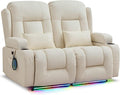 URRED Loveseat Recliner Sofa with Massage and Heat, Power Reclining Loveseat Sofa RV Couch Home Theater Seating with LED Lights, Cup Holders, Side Pockets, USB, Pillows, Faux Leather, Ivory