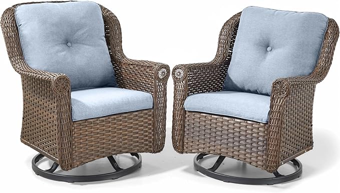 ACTREST Patio Chairs Outdoor Swivel Glider - Set of 2 High Back Outside Brown Wicker Rattan Rocking Chair with Thick Cushion for Porch Apartment Deck Yard Poolside Garden - Baby Blue