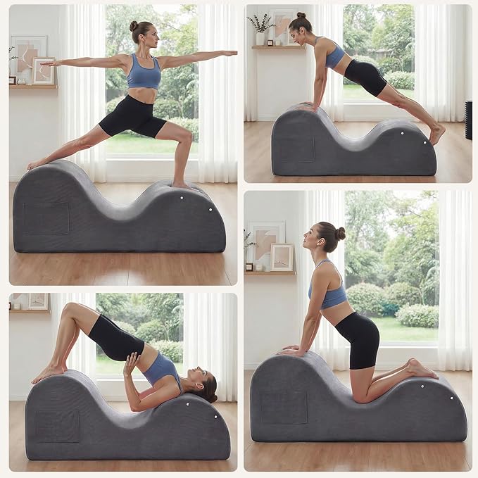 Yoga Chaise Lounge Chair, S-Shaped Floor Sofa with Moveable Headrest, Lumbar Pillow, Support Cushion, Footrest, Non-Slip Base, No-Assembly Lounger for Stretching, Meditation & Relaxation (Grey)