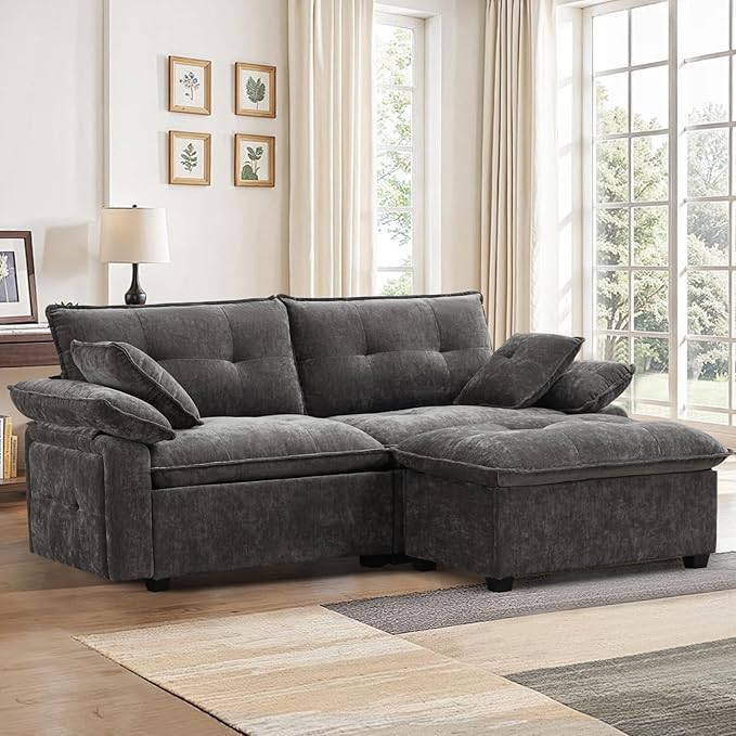 PALLOME 82" Deep Seat Comfy Cloud Couch, Modular Sectional Sofa with Movable Ottoman, L Shaped Chenille Sofa for Small Space, Modern Apartment Living Room & Office (Light Grey, 2-Seat + Ottoman)