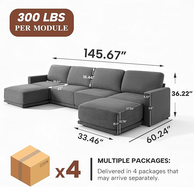 CAPCAPA 146" Modular Sectional Couches for Living Room, U-Shaped Modern Sofa with Ottomans, 6-Piece Chenille Sofa Set for Home Furniture, Dark Grey