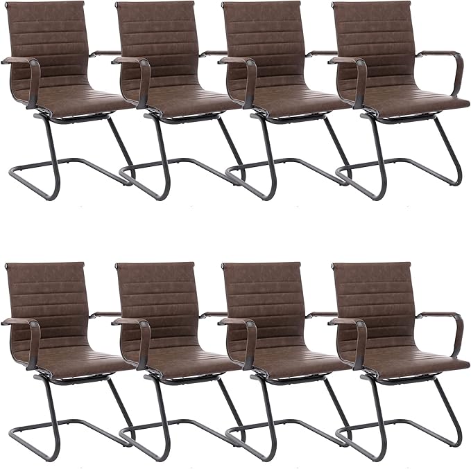 DM Furniture Office Desk Chair No Wheels Set of 8 PU Leather Computer Chairs Mid Back Guest Chairs for School Reception Conference Waiting Room, Vintage Brown