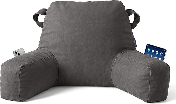 Unisakey Portable Comfy Reading Pillows for Bed Sitting Up(Light Grey Oeko-Tex), Velvet Back Pillow with Arms & Pockets for Adults, Support Memory Foam Bed Pillow for Dorm/Reading/Watching/Gaming