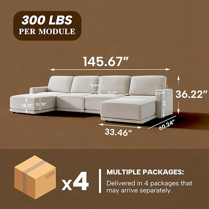CAPCAPA 146" Modular Sectional Couches for Living Room, U-Shaped Modern Sofa with Ottomans, 6-Piece Chenille Sofa Set for Home Furniture, Beige