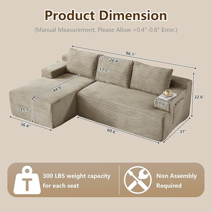 96.1" Modular Sectional Sofa Couches L-Shape Couch 3 Seat Modular Sofa Corduroy Memory Foam Sectional Boneless Couches for Living Room, Cloud Couch with Oversized Chaise(Camel, Left Facing)