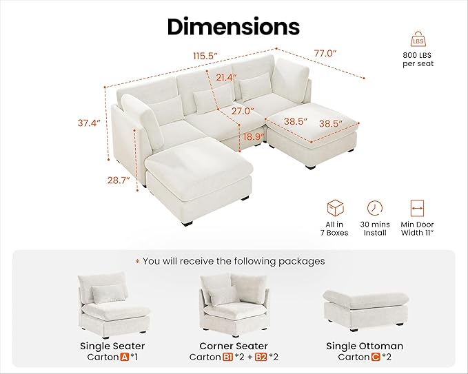 Oversized Modular Sofa, Extra Deep Cloud Chenille Sectional Couch with Ottoman Chaise, Fluffy Chenille 5 Seater Sofa Bed for Living Room, Villa (U Shape 5 Seater, Chenille White)