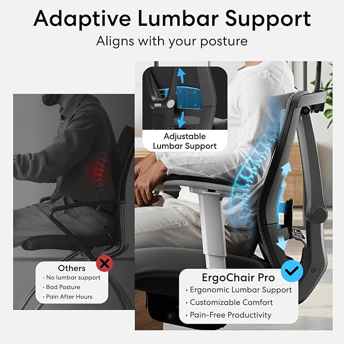 AUTONOMOUS ErgoChair Pro Ergonomic Office Chair Foam Black Adjustable Lumbar Support, Rolling Swivel - Home office Desk Chairs with Wheels and Arms - Ergonomic Desk Chair Comfy for Gaming & Long Hours