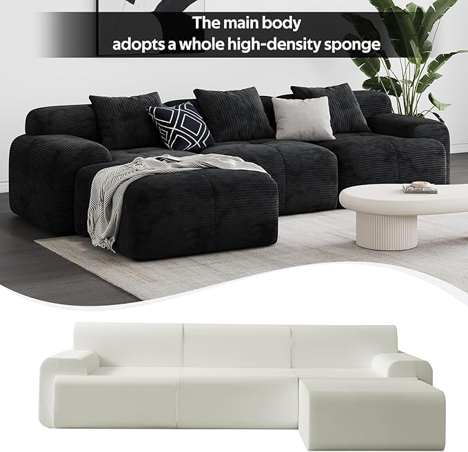 Aosaifen Modern L-Shaped Modular Sectional Sofa for Living Room，Oversized 3-Seater Couch with Deep Seat and Movable Ottoman – No Assembly,Comfortable Corduroy Fabric Boneless Sofa(Dark Gray) (Black)