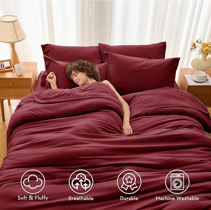 MUXHOMO 7 Pieces Queen Comforter Set, Soft Bed in a Bag Queen Size, All Season Bedding Set with Comforter, Flat Sheet, Fitted Sheet, Pillowcases & Shams, Burgundy Red