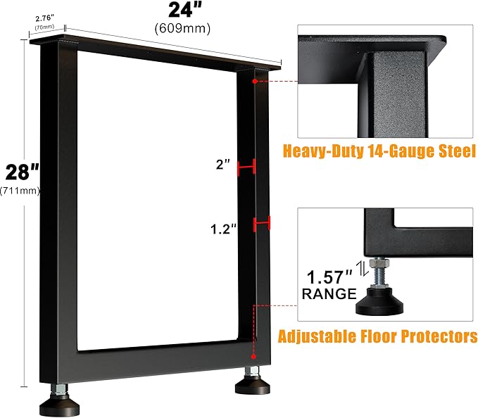 CHICAURA Heavy Duty Metal Table Legs 28x24 Inch, Modern Industrial Steel Square Frame for DIY Dining Table, Kitchen Table Base, Desk, Workstation, Supports 1000lbs, Set of 2 (Black)