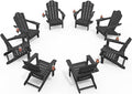 KINGYES Folding Adirondack Chair Set of 8, HDPE All-Weather Patio Chairs with Cup Holder, Wooden Textured Fire Pit Chairs for Poolside, Backyard, Deck, Grey